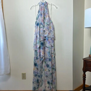 MISA Womens Victorian Dress XS Waterfall High Low Event Halter Neck Abstract NEW